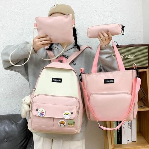 4 PCS Set Women Backpack Kawaii Student Bookbags Canvas School Bags For Teenage Girls 2021 Cute Kids Schoolbag Travel Bagpack