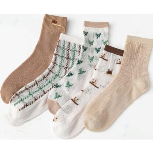 Summer Thin Breathable Womens Socks Cartoon Embroidery Lolita Style Lace Kawaii Cute Crew Socks Harajuku Retro Girls Sweet Sock