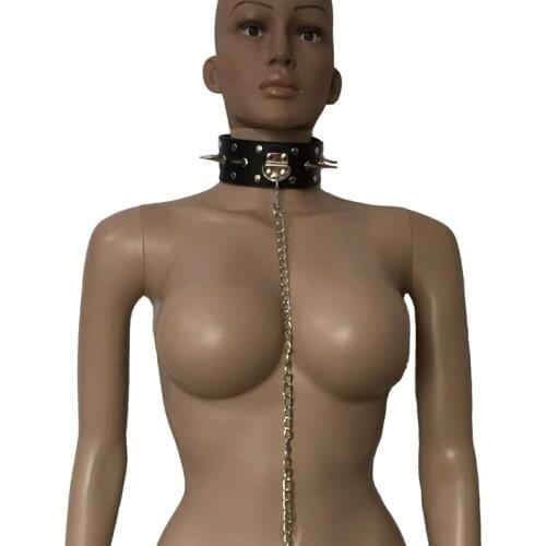 Unisex PU Leather Lockable Dog Play Choker Collar With 2cm Metal Spikes and Chain Leash Pet Role Play Fetish Bondage Sex Product