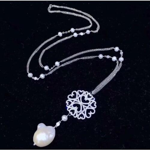 Baroque natural fresh water pearl pendant necklace sweater chain necklace long chain 925 sterling silver cubic zircon 70CM
