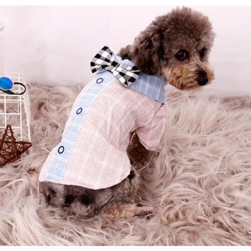British Style Pet Clothes Dog Plaid Shirt With Bow Tie T-Shirt All Seasons Pet Gentleman Grid Apparel Soft Casual Cat Clothes