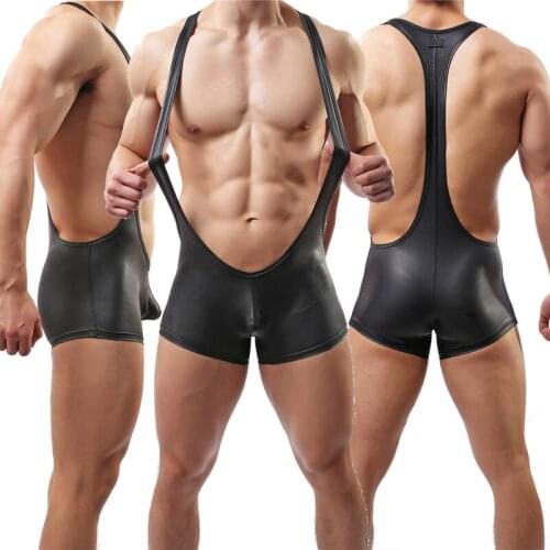 Sexy Mens Bodysuits PU Leather Leotard Underwear Wrestling Singlet Jumpsuits Boxers Faux Leather Gay Clubwear Undershirts