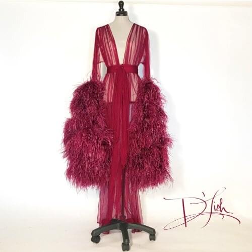 Wine Feather Women Sleepwear Bathrobe Long Tulle Kimono Dressing Gown Babydoll Belt Lingerie Bath Robe Luxury Pants Suit