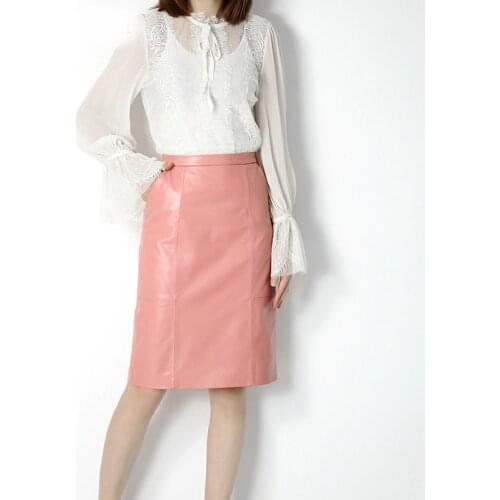 Winter NEW OL Genuine Leather Midi Long Wrap Skirt Ladies Elegant Simple Dark Green/Black/Pink/Blue Sexy Jupe Mujer Saia