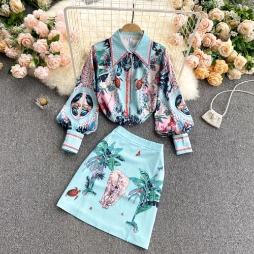 Tshirt Women 2021 Elegant Print Skirt Sets Lady Set Women Retro Puff Sleeve Dress Set Fashion 2 Piece Summer Sets шорты женский