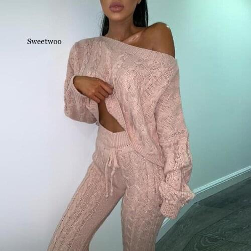 Knitted Spring Two Piece Set Women Long Sleeve Off Shoulder Casual Sweater Jumpsuits Stripe Elastic Overalls Streetwear