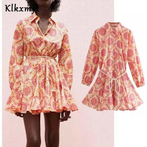 Klkxmyt Za Summer Dress Women 2021 Vintage Floral Print Ruffles Mini Shirt Dresses Female Chic Breasted Lace Up Sashes Vestidos