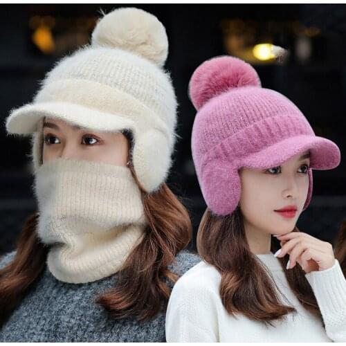 Winter Knitted Peaked Hats With Earflaps Women Thick Warm Ear Protection Comfortable Cap Outdoor Riding Anti Cold Hats Scarf