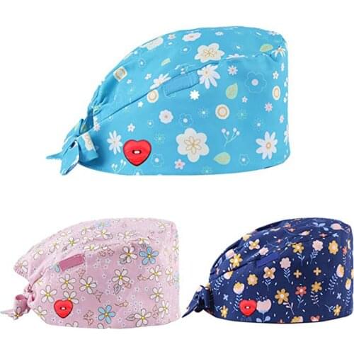 3PCS Women Bandage Print Nurse Hat Pharmacy Fashion Printed Button Work Hat Casual Unisex Scrub Cap gorros quirurgicos mujer