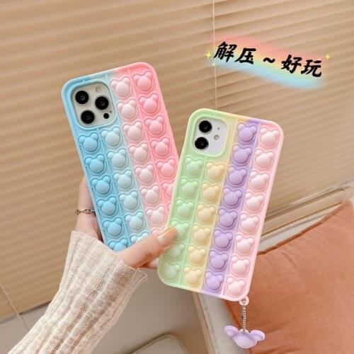 Stress Reliever 3D Dear RainBow Bubble Beans Phone Case For iPhone 11 Pro Max X XR 7 8 Plus 12 Fidget Toy with Pendant