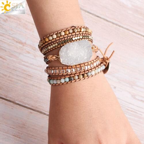 CSJA Boho Leather Wrap Bracelets for Femme White Crystal Bracelet Natural Stone Geode Druzy Beads Bohemian Wikkelarmband S424