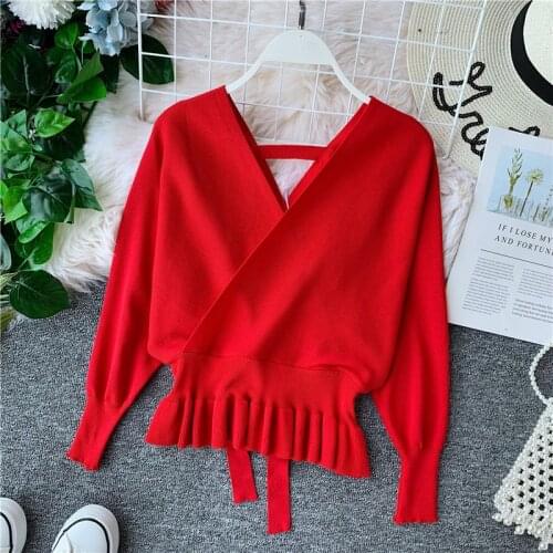 Korean Womens Sweater Short Knitted White V Neck Pullover Autumn Winter Clothes Ladies Sweaters Pull Femme KJ5447