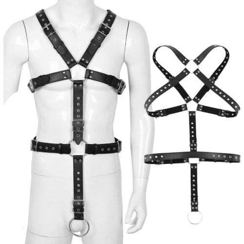 Men Full Body Chest Harness Detachable Groin Straps with Metal Rings Hot Sexy Male Gay BDSM Bondage Belt Erotic Costume