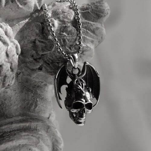 Stainless Steel Horror Ghost Pendant Exaggerated Bat Pendant Gothic Skull Wing Pendant Necklace Mens Hip-hop Rock Jewelry