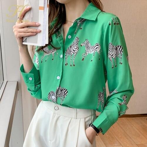 H Han Queen New Autumn Shirt Women Blouses Vintage Office Casual Tops Chiffon Blouse Simple Vintage Loose Animal Print Shirts