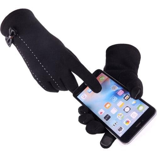 New style non-fleece ladies touch-screen bowknot gloves autumn and winter plus velvet warmth fashion cycling cotton gloves D27