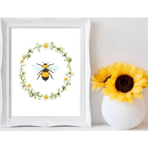 Bee Print Honey Bumble Bee Poster Decor Insect Leaves Daisy Plant Spring Wall Art Canvas Painting Farmhouse and Kids Room Decor