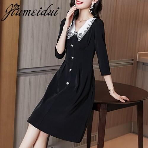JiuMeiDai New Women Autumn Elegant A-Line Dress Office Lady Peter Pan Collar Robe Femme Vintage Designer Party Clothing Vestidos