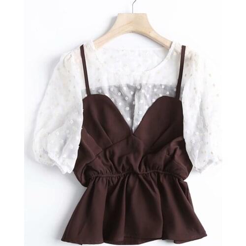 Fake two pieces blouse women o neck slim waist half sleeve hollow out sexy blouse vintage blouse