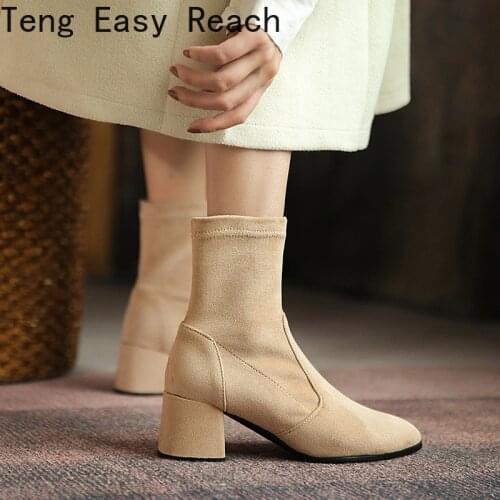 2020 Womens Boots Square toe Yarn Elastic Ankle Boots Thick Heel High Heels Shoes Woman Female Socks Boots 2019 fall winte