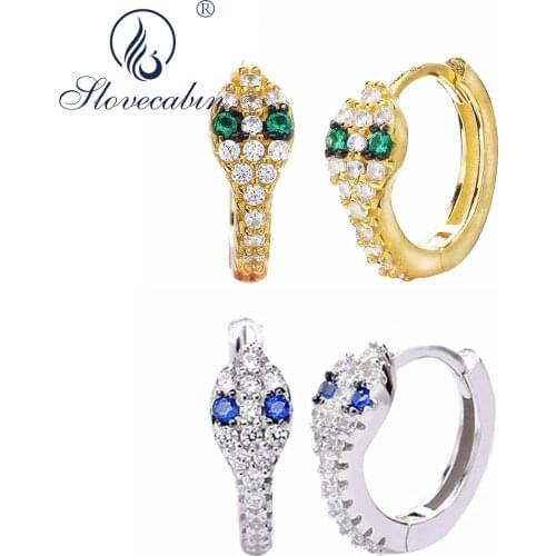 Slovecabin Real 925 Sterling Silver Gold Snake Blue Crystal CZ Huggies Hoop Earring For Women Trendy Round Animal Hoop Earring
