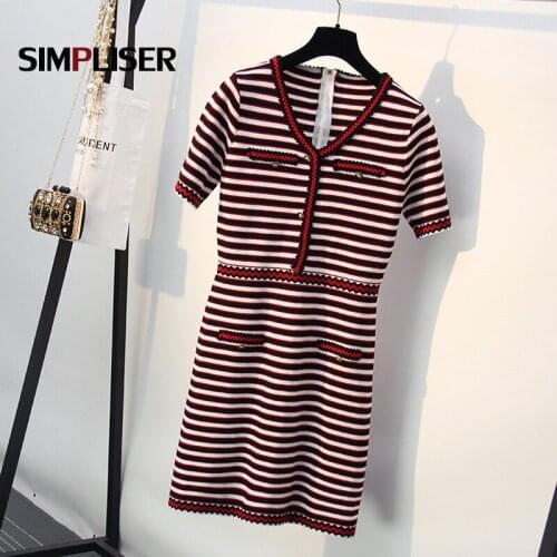 Knitted Dress Women 2019 Slim Fit Classic Elegant Party Dress Vestidos Female Striped Vestidos Mujer V-neck Short Sleeve Dresses