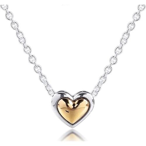 100% 925 Sterling Silver Domed Golden Heart CollierPendants Necklaces for Women Fine Jewelry Collares Gift Mothers Day 2021