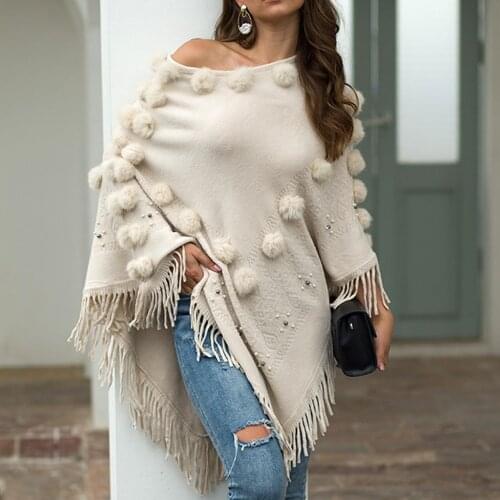 40# Tassel Hairball Women Sweater Poncho Patchwork Knitted O-neck Solid Sweater Poncho Cloak Loose Shawl Winter Slash Neck Coat
