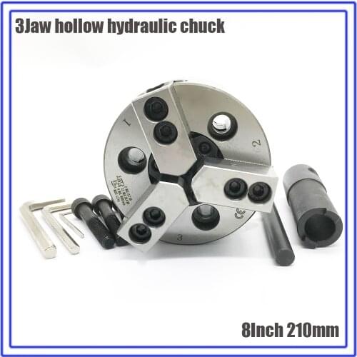 8 Inch 3 Jaw Hollow Hydraulic Chuck & Back Plate 4900RPM for CNC Lathe Boring Cutting Tool Holder Hole Oil CE