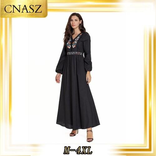 Abaya Turkish Comfortable Fashion Large Size Womens Moroccan Kaftan Autumn Black Embroidered Long-Sleeved Muslim Casual Dress