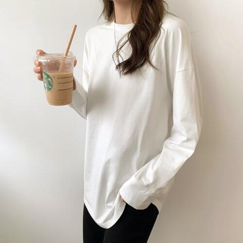 White Black Solid Color Cotton Long Sleeve Top Korean Fashion WomenS T-Shirt Female Vintage Clothing Blouses 2021 Kawaii