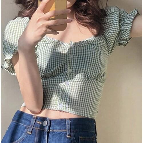 Korea Style Sexy Elegant Blouse Women Shirts Boho Sqaure Neck Button Front Crop Blouse Gingham Puff Sleeve Ladies Tops Streetwea