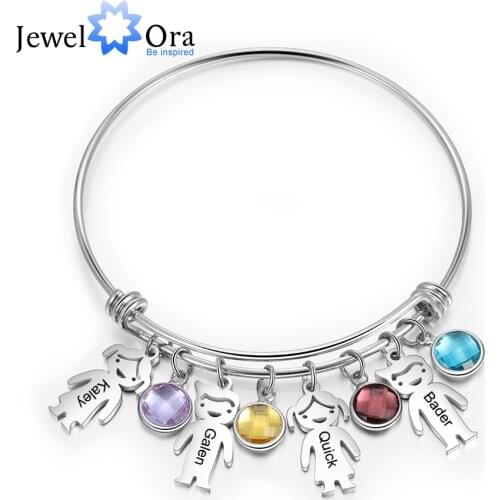 Customized DIY Engraved Name Bracelets & Bangles with Boy Girl Charms Stainless Steel Personalized Birthstone Bracelets for Mom