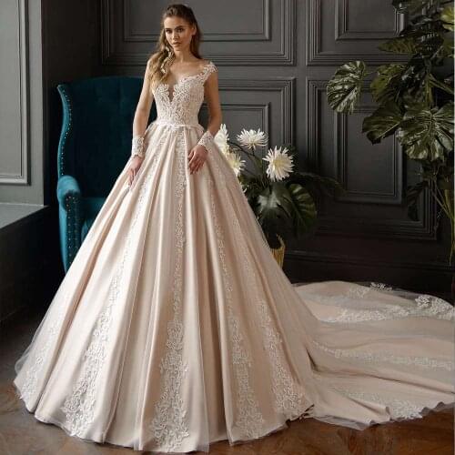 Elegant Long Sleeve Lace Princess Wedding Dress 2020 Luxury Scoop Neck Appliques Court Train Vintage A Line Bridal Gowns