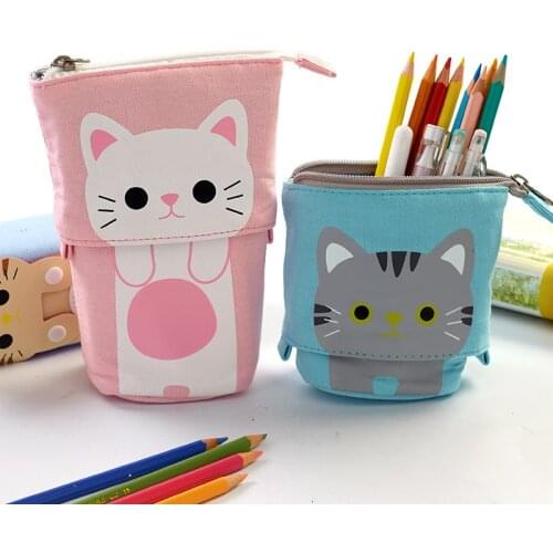 [Fun] Pen Pencil Bag Case, Cartoon Cute Cat Bear Sheep Canvas Fold Standing Holder Stationery Organizer Kids Gift A6445
