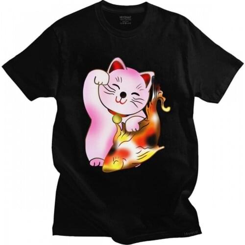 Cool Cute Maneki Neko Lucky Cat With Fish T Shirt for Men O-neck Short-Sleeve Casual Tshirt Soft Cotton Streetwear Tee Tops Gift