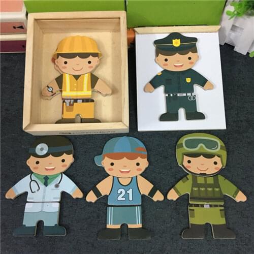 Change clothes puzzle Little Bear dressing game magnet Puzzles 6 Kinds Of Occupation Childrens Early Education Wooden Jigsaw