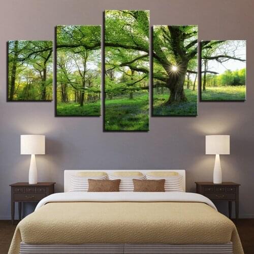 Landscape HD Poster Modern 5 Panel Green Big Tree Sunny Meadow Canvas Painting Wall Art Print No Frame For Living Room Home Dec
