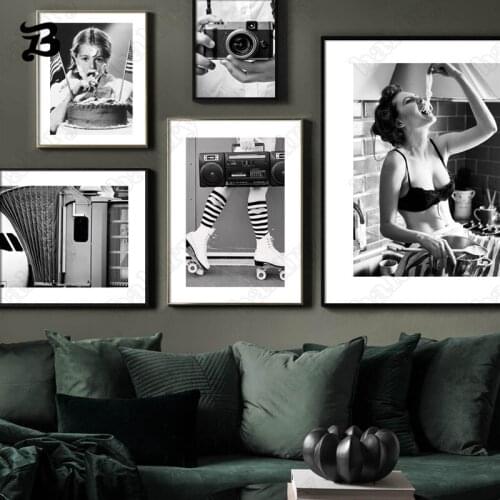 Canvas Painting Black and White Classic Camera Bus Cake Girl Nordic Posters and Prints Wall Art Pictures Living Room Retro Decor