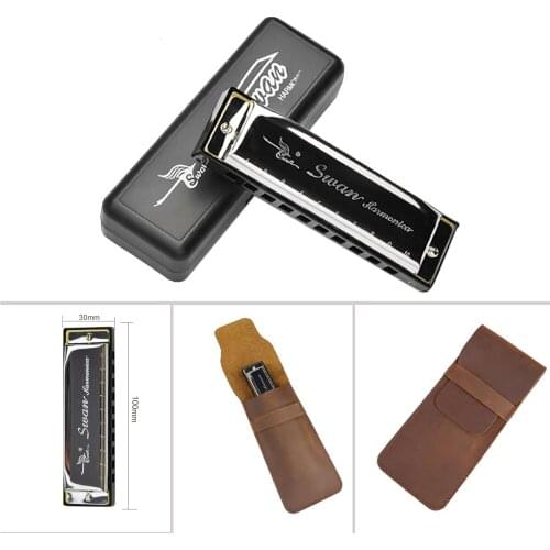 10 Holes C Key Harmonica with Case 1pcs Metal Swan Diatonic Blues Mouth Organ 1pcs Vintage Leather Harmonica Case Holster Holder