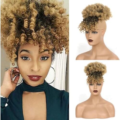 AZQUEEN Synthetic High Puff Afro Kinky Curly Ponytail with Bangs Ponytail Hair Extension Drawstring Short Afro Pony Tail