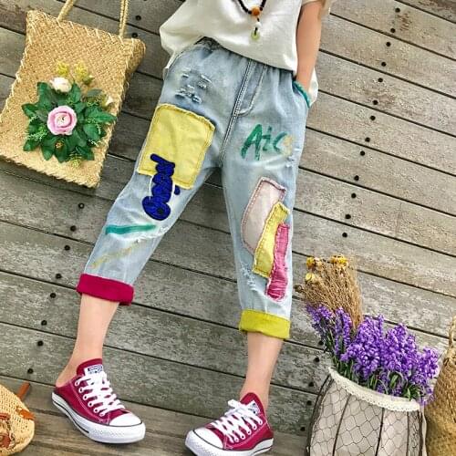 Korea Fashion Women Jeans Elastic Waist Loose Hole Vintage Denim Harem Pants Patchwork pocket Ripped Jean Pants Top quality 2020