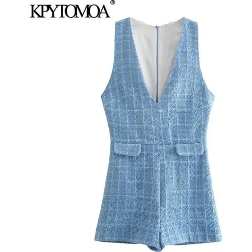 KPYTOMOA Women 2021 Chic Fashion False Pockets Tweed Playsuits Vintage Sleeveless Back Zipper Female Short Jumpsuits Mujer