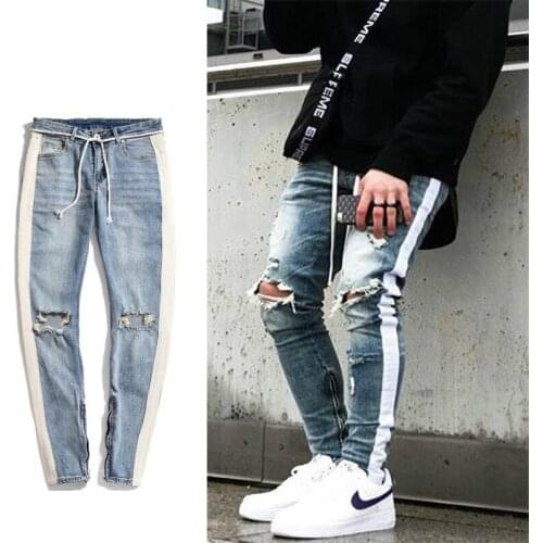 2020 New streetwear hiphop personality men jeans side zipper ripped fashion male destroyed skinny 2 colors denim pants