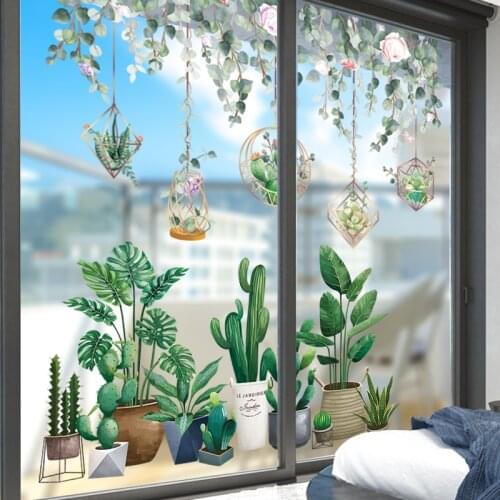 [shijuekongjian] Green Plant Leaves Wall Stickers DIY Potted Culture Mural Decals for Living Room Kitchen House Decoration