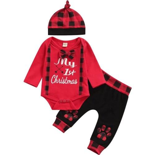New Arrival Toddle Baby Clothes Three Piece Baby Boy’s Clothes Fashion Christmas Print Long Sleeve Romper and Trousers with Hat