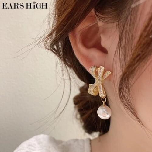 EARS HIGH New Arrive Korean Cute Micro Paved Zircon Bowknot Drop Earrings For Women Girls Elegant Pearl Brincos Wedding Jewelry