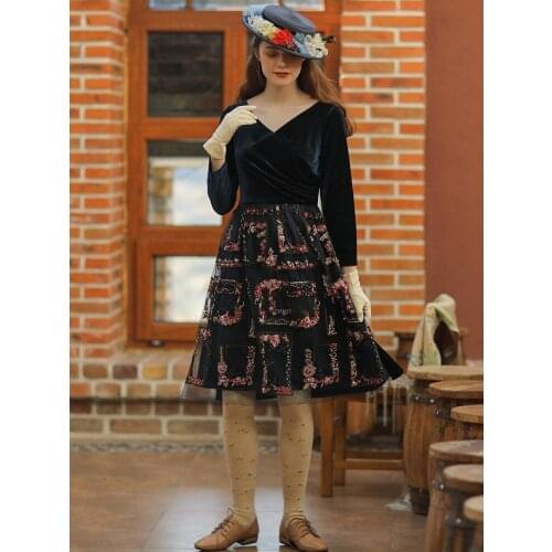 Original Design AIGYPTOS Autumn Winter Women Vintage Elegant Slim Luxury Handmade Embroidery Beading Mesh Patchwork Velvet Dress