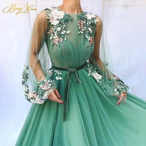 Embroidery Prom Dress Scoop Long Sleeves Illusion Evening Dresses Velvet Belt Floor Length Robe de soiree 2020