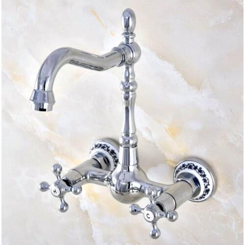 Polished Chrome Brass Ceramic Flower Base Wall Mounted Kitchen Sink Faucet Swivel Spout Mixer Tap Dual Cross Handles anf580